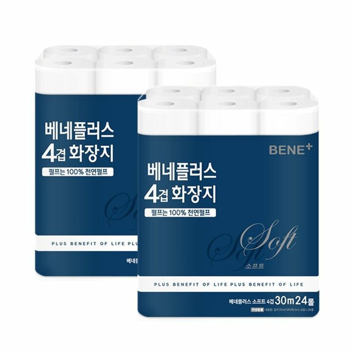 [내일도착]베네플러스 소프트 4겹 화장지 30m 24롤 x 2팩(천연펄프)