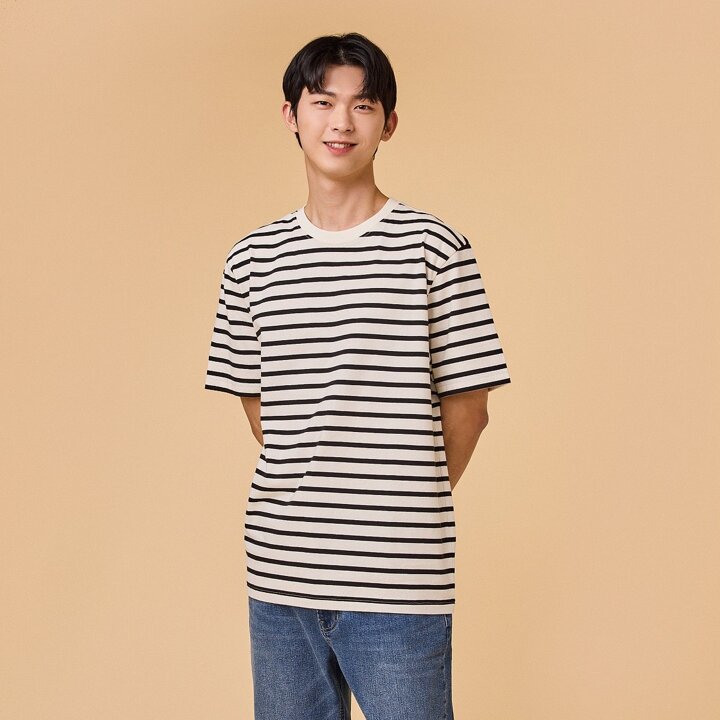 [JAJU/자주] 남 BETTER_코튼 도톰 루즈핏 스트라이프 티셔츠_블랙