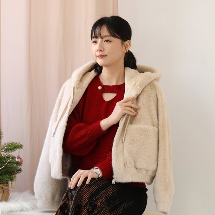 빅포켓 후드 페이크 퍼 자켓 / 겨울 아우터 밍크 무스탕 TJK110