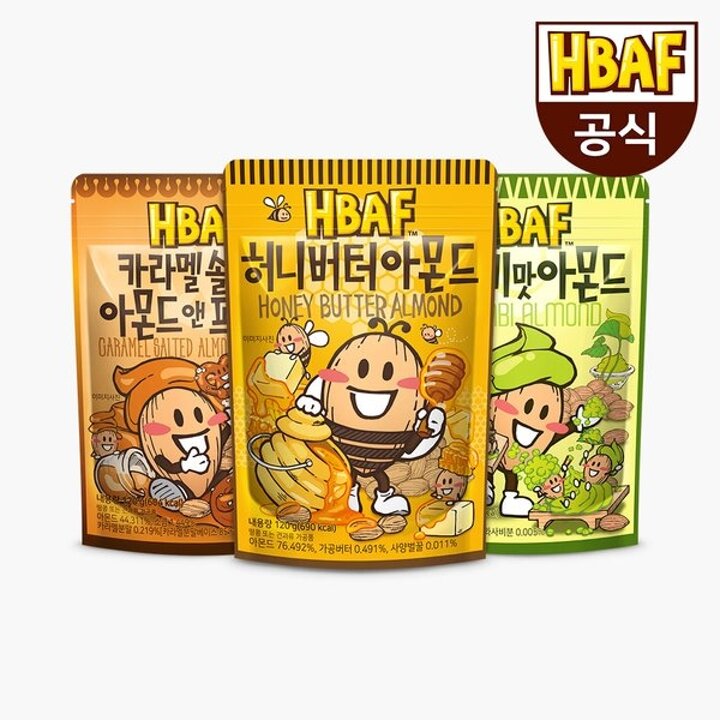 [본사직영] 바프 아몬드 3봉 세트(허니버터120g/와사비120g/카라멜120g)