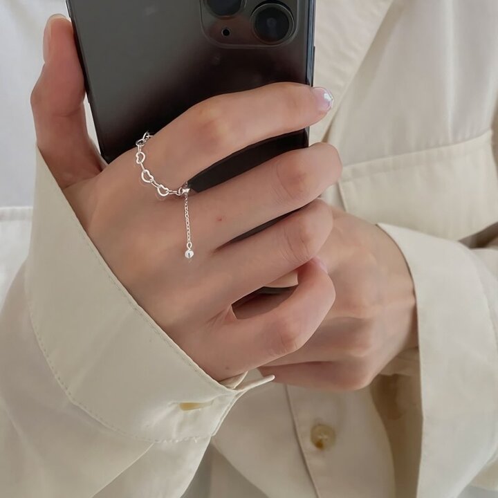여성 실버 925 하트 체인 줄 조절 링 반지