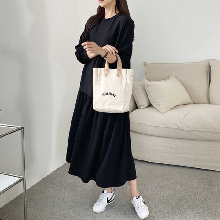 문에이블 루즈핏 데일리 편안한 라운드넥 캉캉 롱 가을 원피스