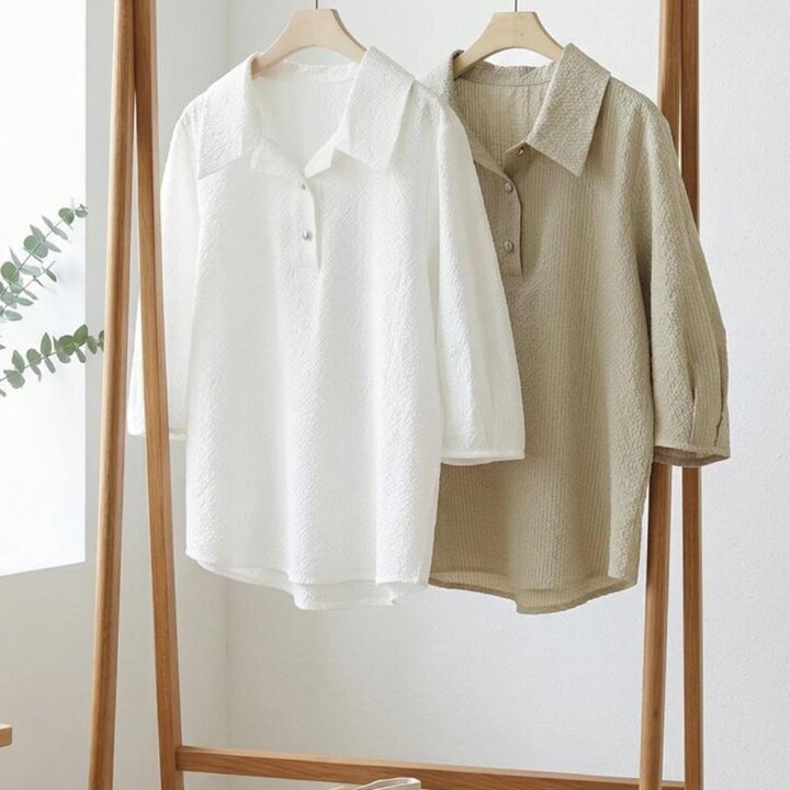[옷자락] 여자 캐주얼 체형커버 루즈핏 칠부 카라 블라우스