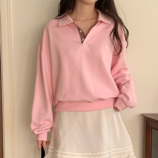 [다잇템] 여자 버튼 개강룩 펜던트 분홍색 체크카라넥 맨투맨24433066588872