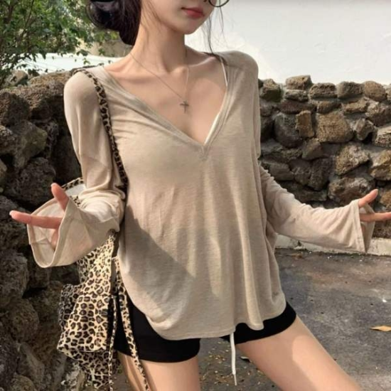 3컬러 꾸안꾸 봄 여름 은은비침 브이넥 긴팔티셔츠
