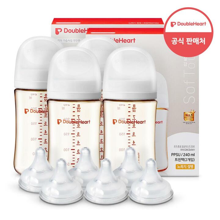 [젖병4개+젖꼭지6개]더블하트 모유실감 3세대 PPSU 베이직 젖병 트윈팩 240mlx2개(제뉴인화이트)+젖꼭지6입