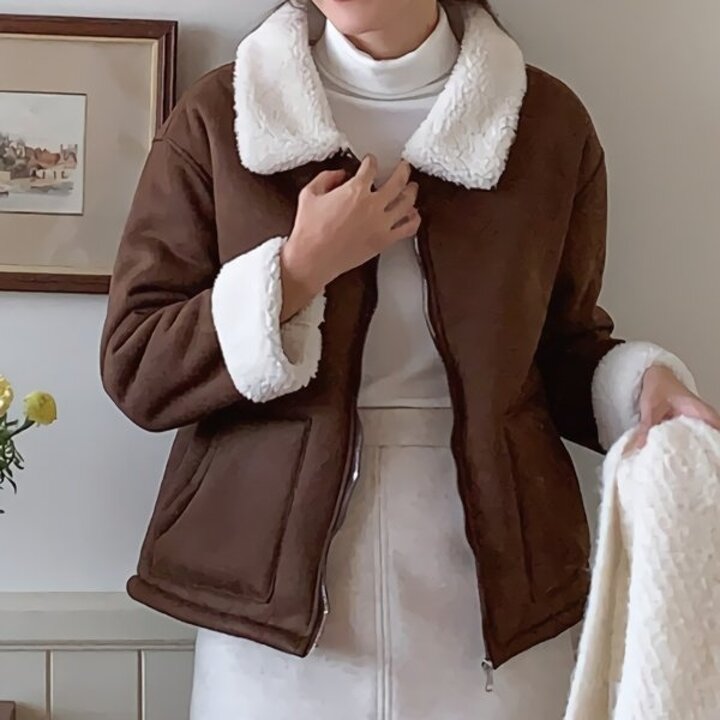 여성 스웨이드 양털 아방 무스탕 집업 자켓