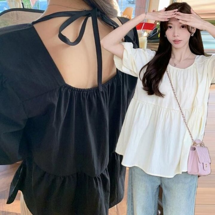 여성 사랑스러운 루즈핏 퍼프 백리스 여름 블라우스 셔츠블라우스