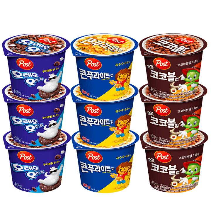 동서 포스트 시리얼컵 3종 3개(콘푸라이트3개+오곡코코볼3개+오레오오즈3개)