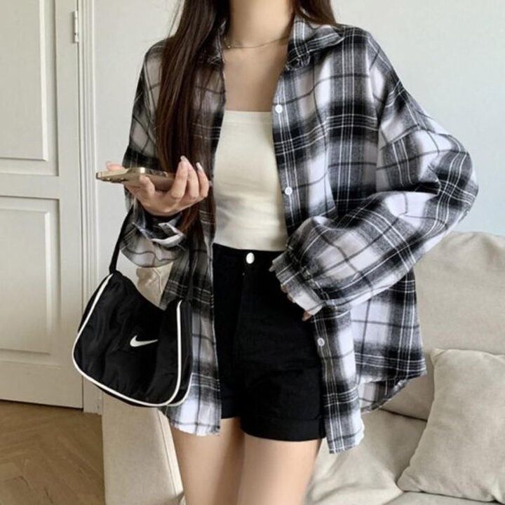여성 오버핏 루즈핏 남방 긴팔 캐주얼 빈티지 체크 셔츠
