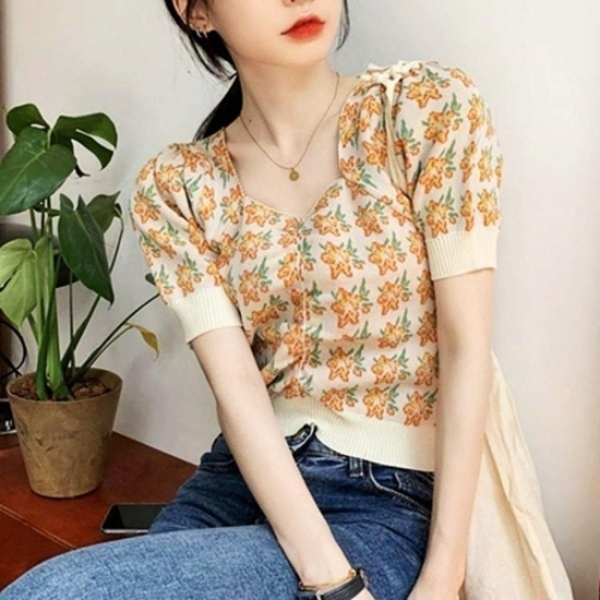 티셔츠 편한 브이넥 크롭 꽃무늬 가디건19800409667501