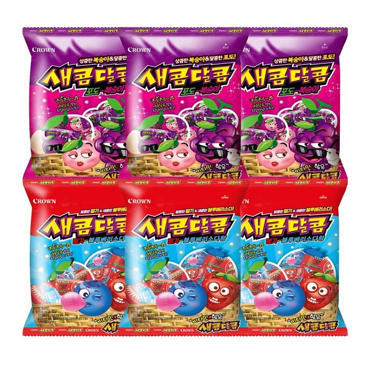 크라운 새콤달콤 200g 혼합 6봉 (포도 복숭아 3+딸기블루베리소다 3)