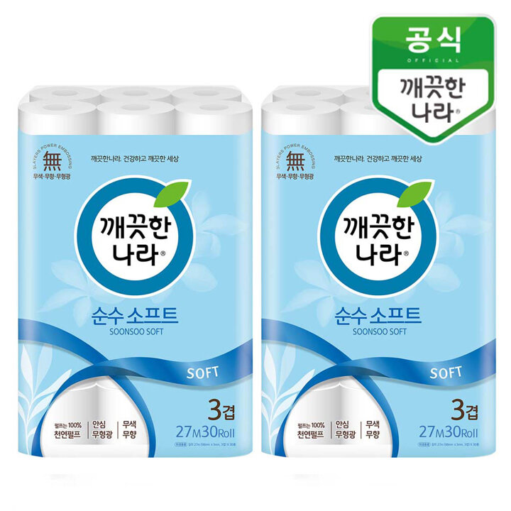 깨끗한나라 순수 소프트 3겹 27m 30롤x2팩