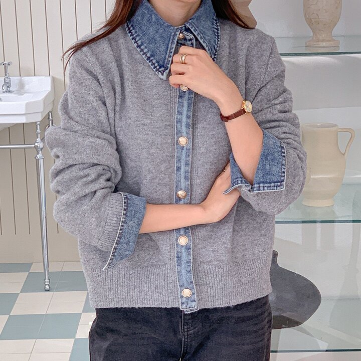 [옷자락] 여성 배색 카라넥 레이어드 가디건 니트 버튼 청남방