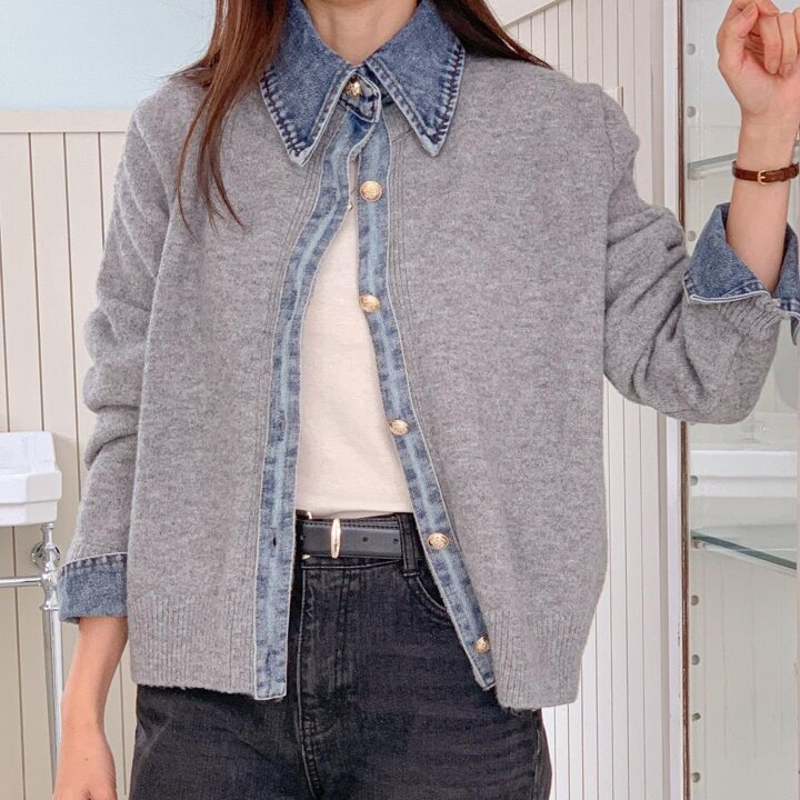 [옷자락] 여성 배색 카라넥 레이어드 가디건 니트 버튼 청남방