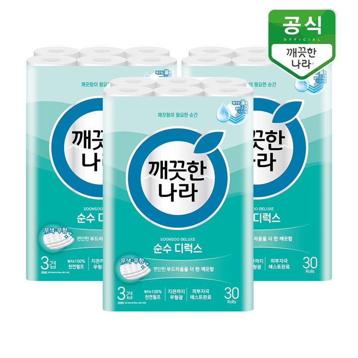 깨끗한나라 순수 디럭스 3겹 화장지 30m 30롤 x 3팩