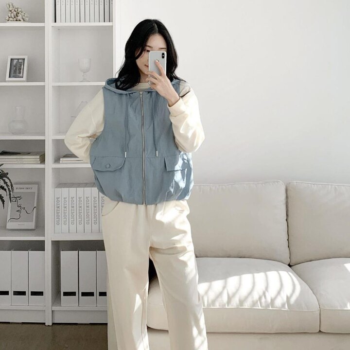 [옷자락] 여자 레이어드 캐주얼 투포켓 후드 스트링 조끼 점퍼
