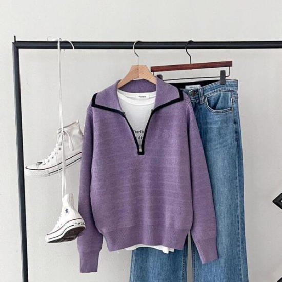 아트박스/신상오픈런 여자 집업카라 심플 데일리 캐주얼 긴팔 니트