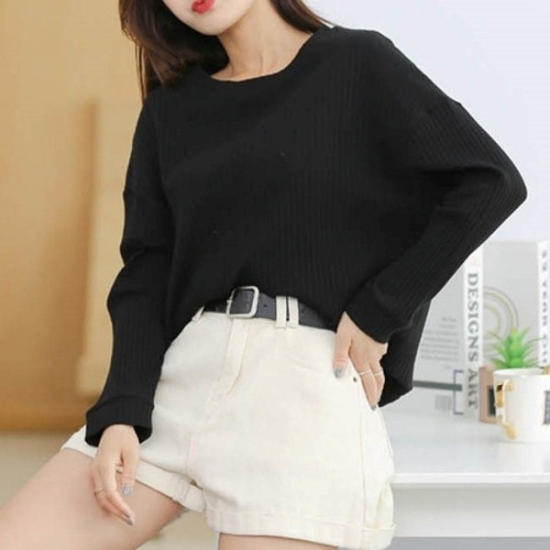 오버핏 여성 노브라 라운드넥 골지 긴팔 티셔츠19614032667501