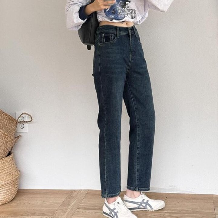 여자 세미 배기진 백밴딩 기모데님팬츠 청바지