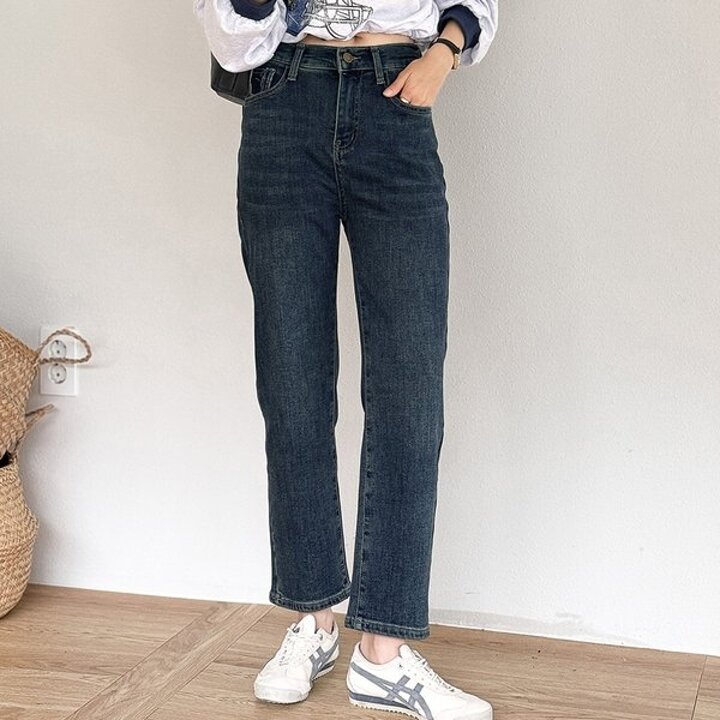 여자 세미 배기진 백밴딩 기모데님팬츠 청바지