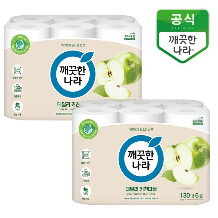 깨끗한나라 데일리 키친타올 그린패키지 130매 6롤x2팩