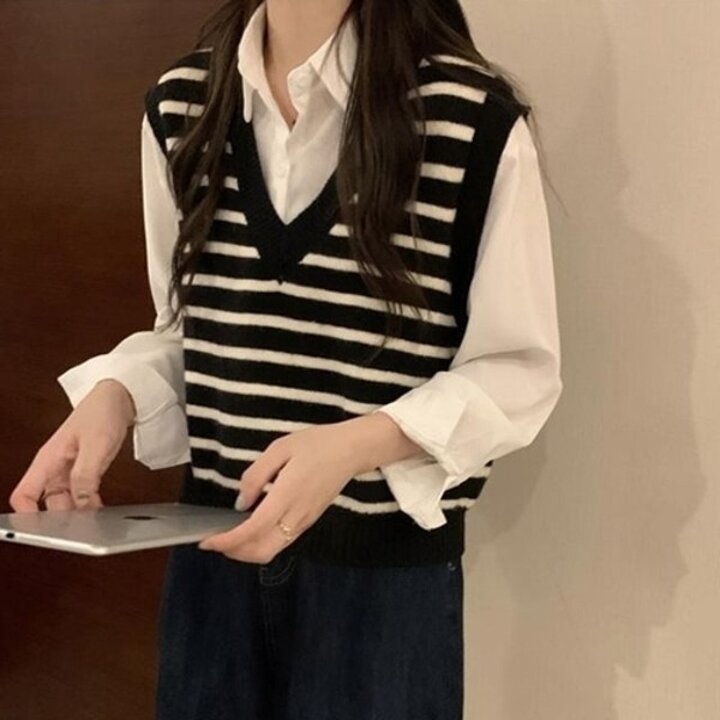 브이넥 여성 단가라 조끼 베스트 봄가을 패션 니트20358351667501