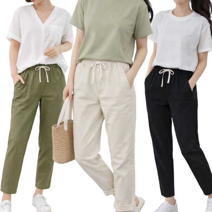 여성 9부 면 슬랙스 허리밴딩 세미일자 시원한 데일리 팬츠
