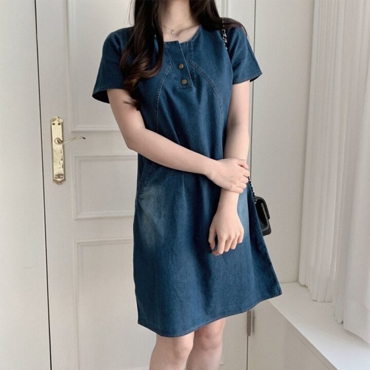 반팔 데님 여성 캐주얼 원피스 중청 미디 스커트