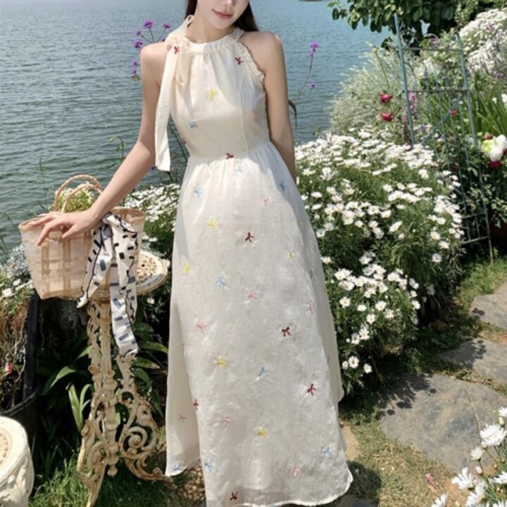여자 썸머 리본 포인트 리본끈 나시 롱 원피스