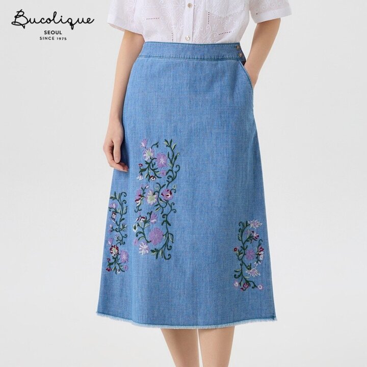 데님 자수 뒷밴딩 스커트 B262DK2020