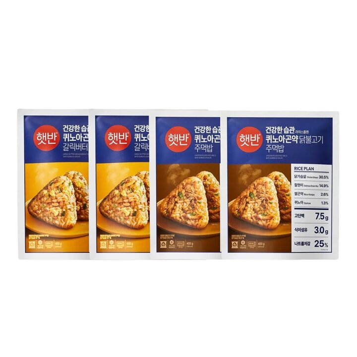 CJ제일제당 햇반 퀴노아곤약 갈릭버터 주먹밥 400g x2개 + 닭불고기 주먹밥 400g x2개