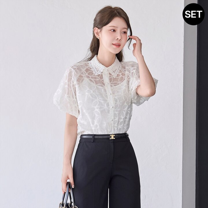 [모리스커밍홈] 플라워 자수 시스루 나시 세트 블라우스_M2604BL612B