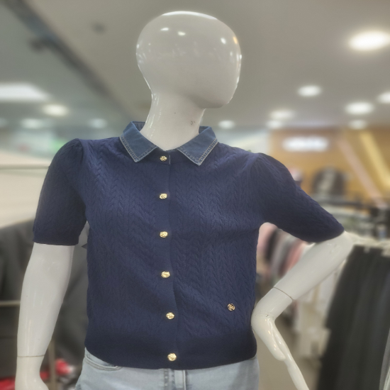 데님카라넥 레이어드 반팔 꽈배기 니트가디건 ab.fz
