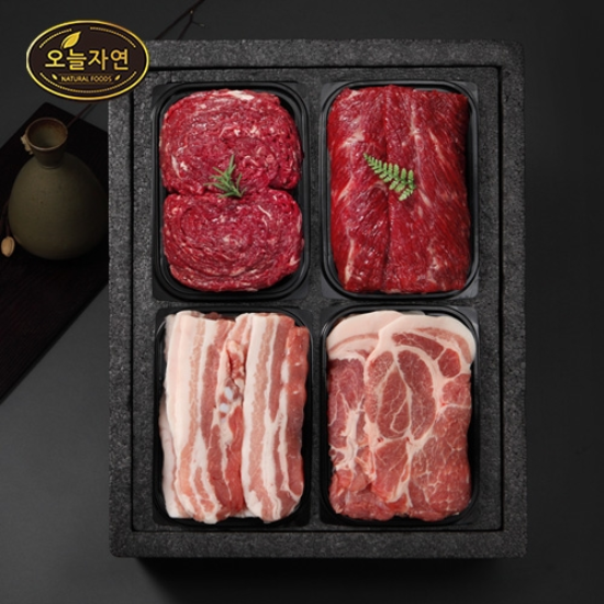 (주)인정푸드테크 [오늘자연]한우한돈 알찬 혼합세트/한우불고기+한우국거리+한돈삼겹살+한돈목살/팩당 400g/총 1.6kg