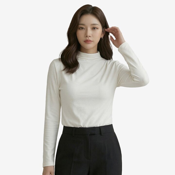 [후스타일] 실크블렌디드 하프넥 드레이핑 티블라우스 아이보리