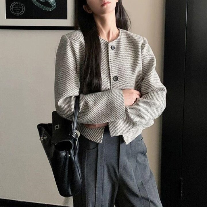 노카라 숏 트위드 여성 자켓