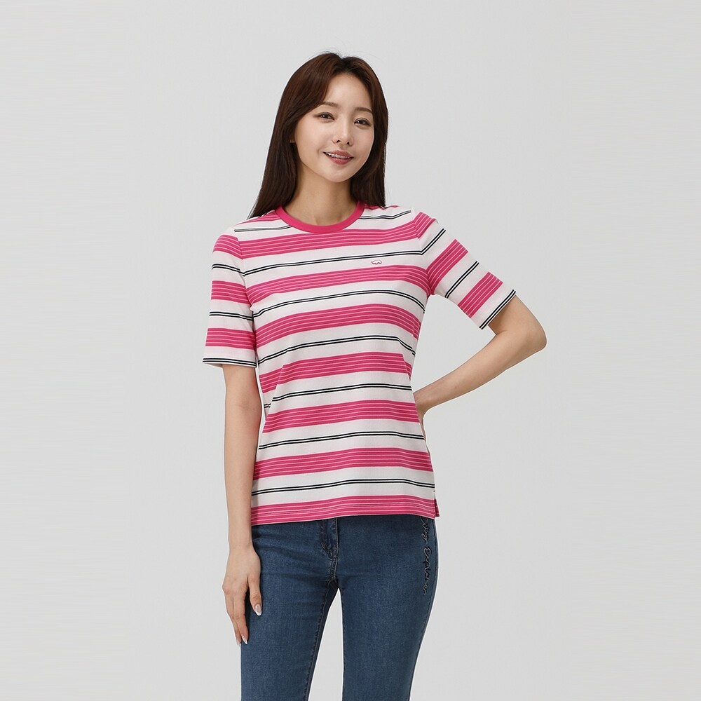 [PAT] 5부 멀티 스트라이프 라운드 티셔츠_1K45302