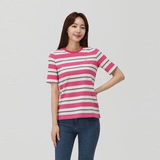 [PAT] 5부 멀티 스트라이프 라운드 티셔츠_1K45302