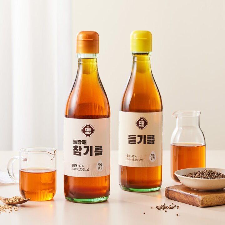 [감동식탁] 100프로 통참깨 참기름 350ml x 1병 + 통들깨 들기름 350ml x 1병