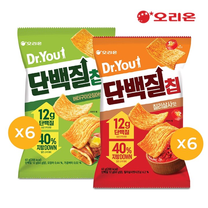 오리온 닥터유 단백질칩(60g) 버터오징어 6개 + 칠리살사 6개