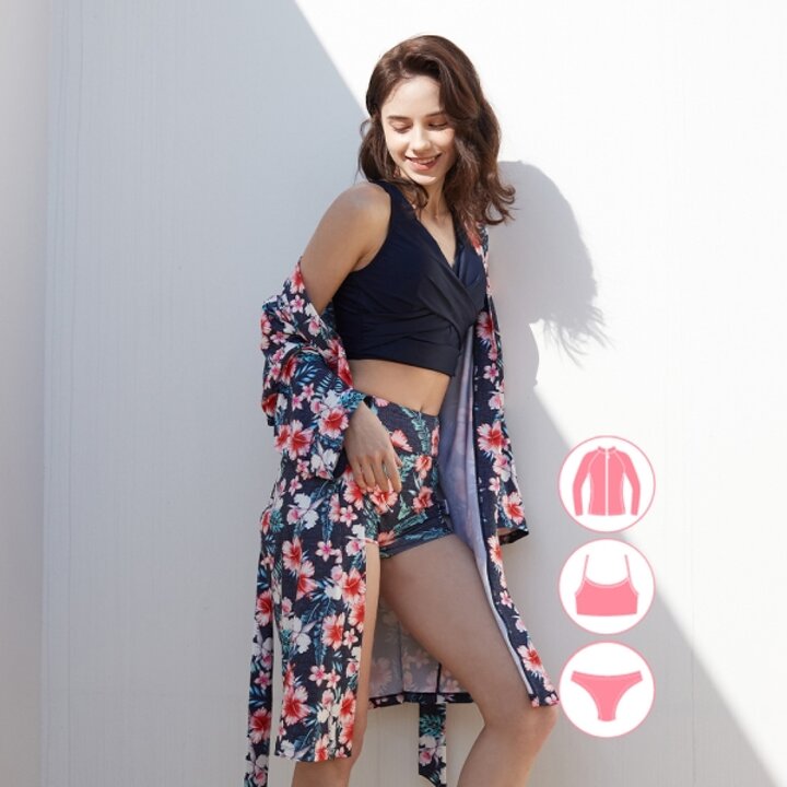 베이직엘르 여성인 플라워 로브 비치웨어 비키니 3종세트 BEL-V207N