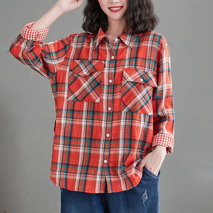 [루미루나]따뜻한이중소매롤업체크면셔츠