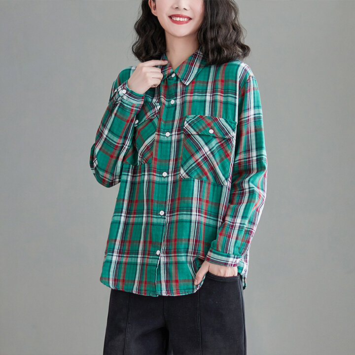 [루미루나]따뜻한이중소매롤업체크면셔츠