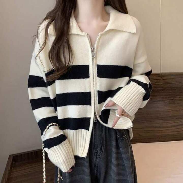 카라 줄무늬 단가라 집업 가디건 봄 가을 캐주얼 심플 데일리가디건