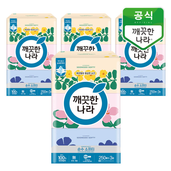 깨끗한나라 순수소프티 미용티슈 250매 3개x4팩