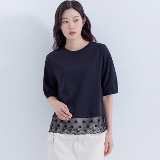 [지센] (2컬러) 레이스 패치 볼륨 소매 반팔 티셔츠 LCTSP625