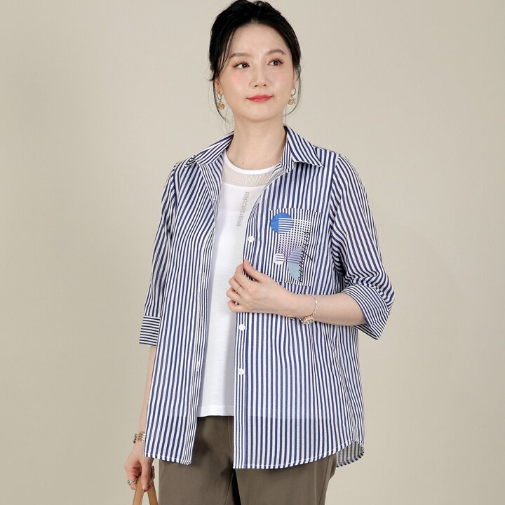고실한 얇은 세로 스트라이프 칠부 여름 자켓 J08517