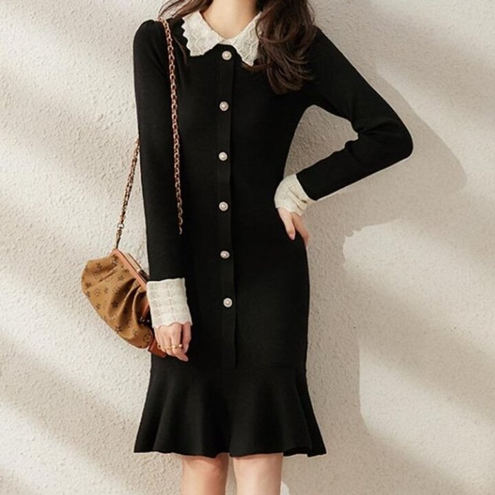 여성 가을 겨울 롱 레이스 니트 원피스