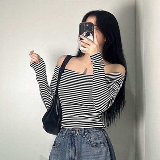여성 오프숄더 티 단가라 티셔츠 스트라이프 2color